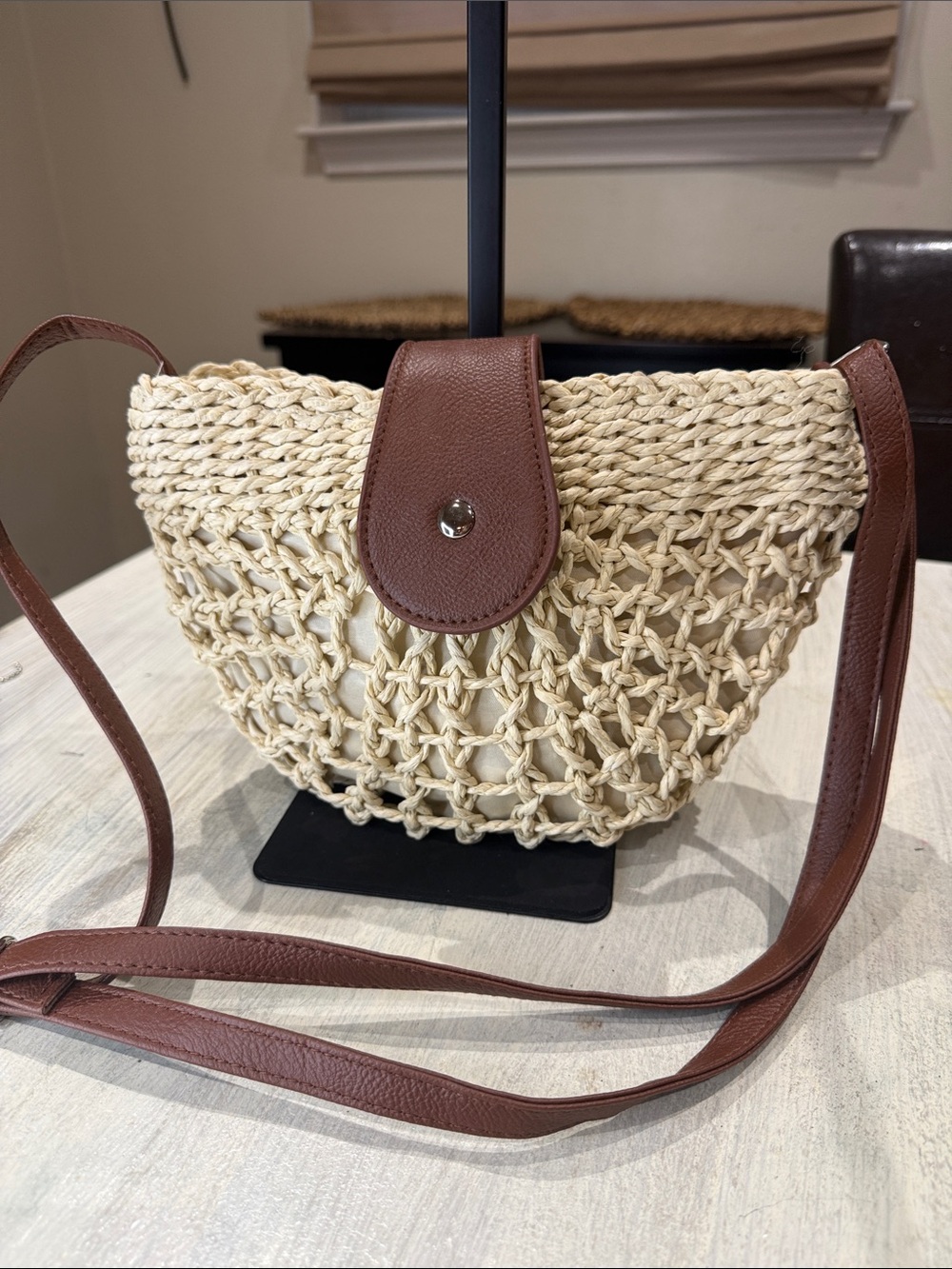 Source Unknown Vintage Beige Woven Half Moon Crossbody with Brown Trim